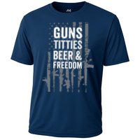 Guns Titties Beer & Freedom Funny Drinking USA Flag Cooling Performance Crew T-Shirt