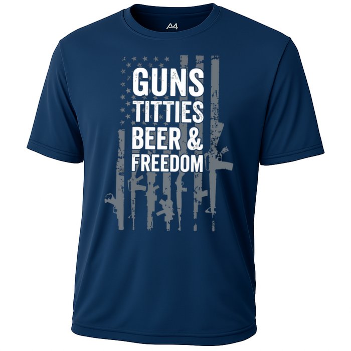Guns Titties Beer & Freedom Funny Drinking USA Flag Cooling Performance Crew T-Shirt