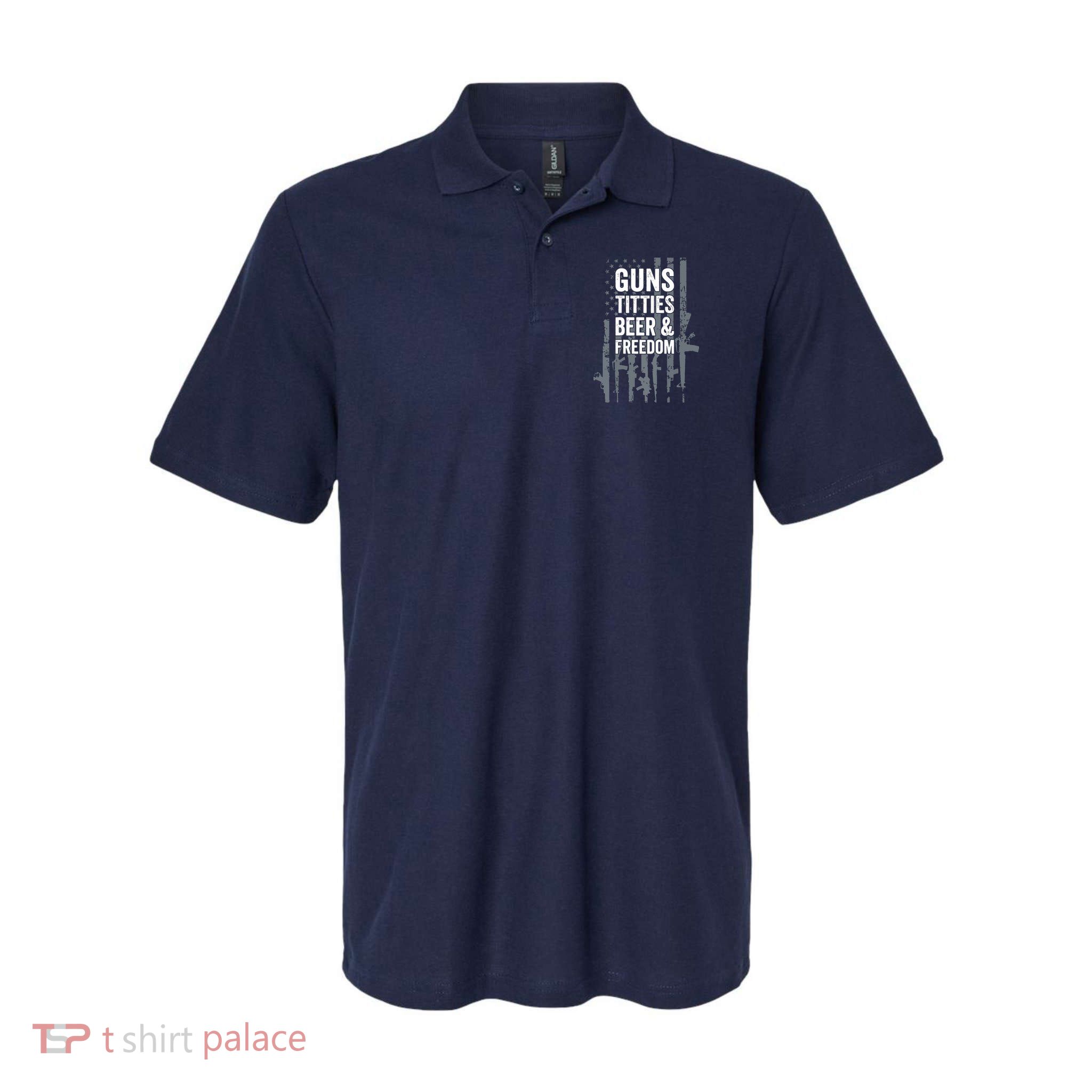 Guns Titties Beer & Freedom Funny Drinking USA Flag Polo