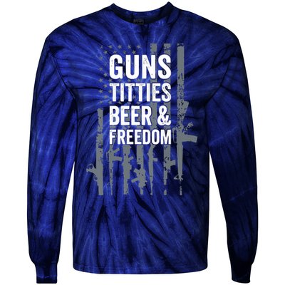 Guns Titties Beer & Freedom Funny Drinking USA Flag Tie-Dye Long Sleeve Shirt