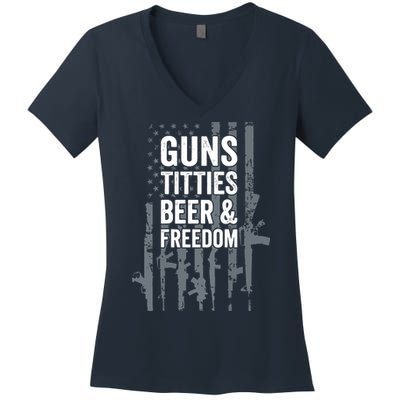 Guns Titties Beer & Freedom Funny Drinking USA Flag Women's V-Neck T-Shirt