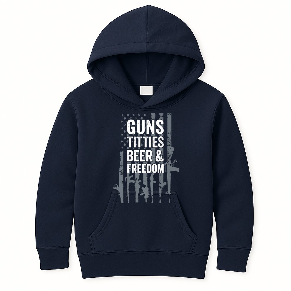 Guns Titties Beer & Freedom Funny Drinking USA Flag Kids Hoodie