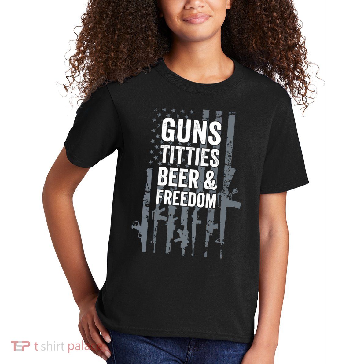 Guns Titties Beer & Freedom Funny Drinking USA Flag Kids T-Shirt
