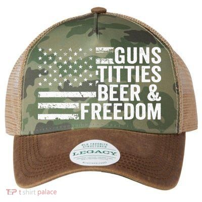 Guns Titties Beer & Freedom Funny Drinking USA Flag Legacy Tie Dye Trucker Hat