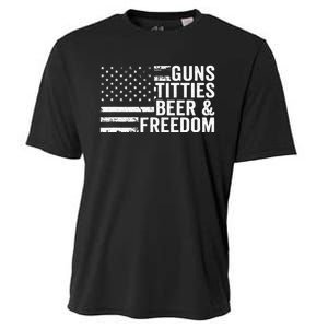 Guns Titties Beer & Freedom Funny Drinking USA Flag Cooling Performance Crew T-Shirt