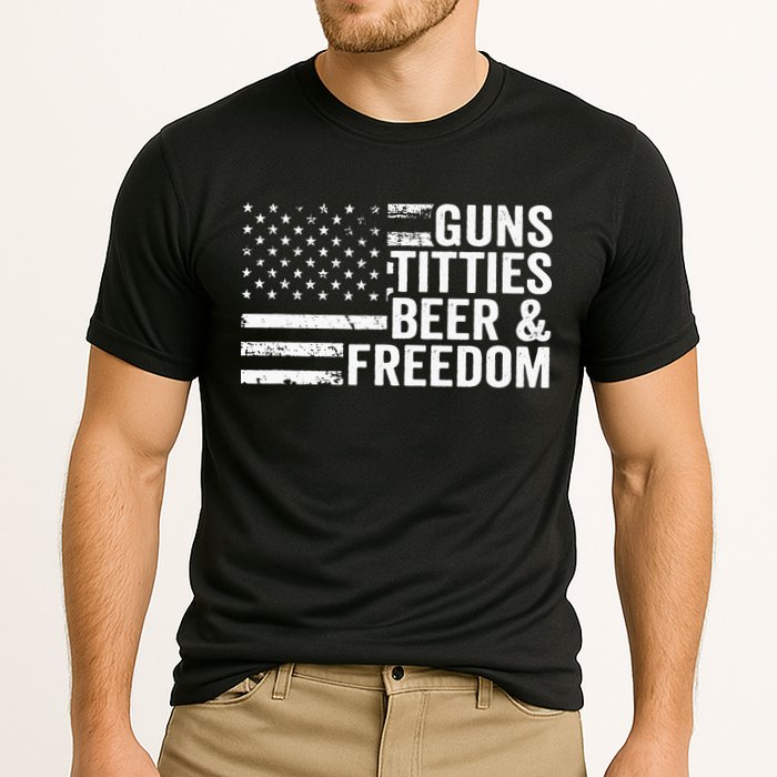 Guns Titties Beer & Freedom Funny Drinking USA Flag Cooling Performance Crew T-Shirt