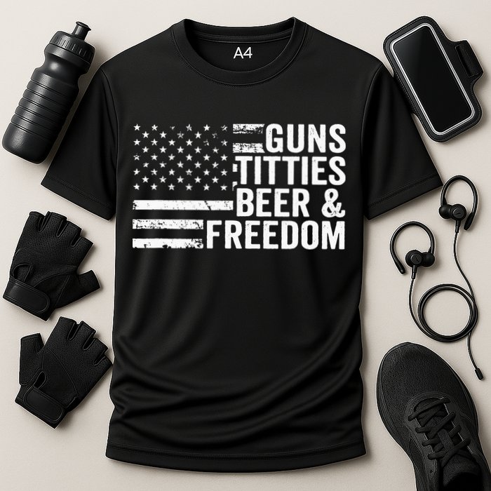 Guns Titties Beer & Freedom Funny Drinking USA Flag Cooling Performance Crew T-Shirt