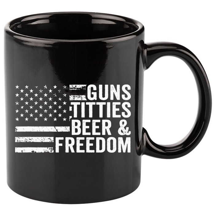 Guns Titties Beer & Freedom Funny Drinking USA Flag 11oz C Handle Ceramic Mug