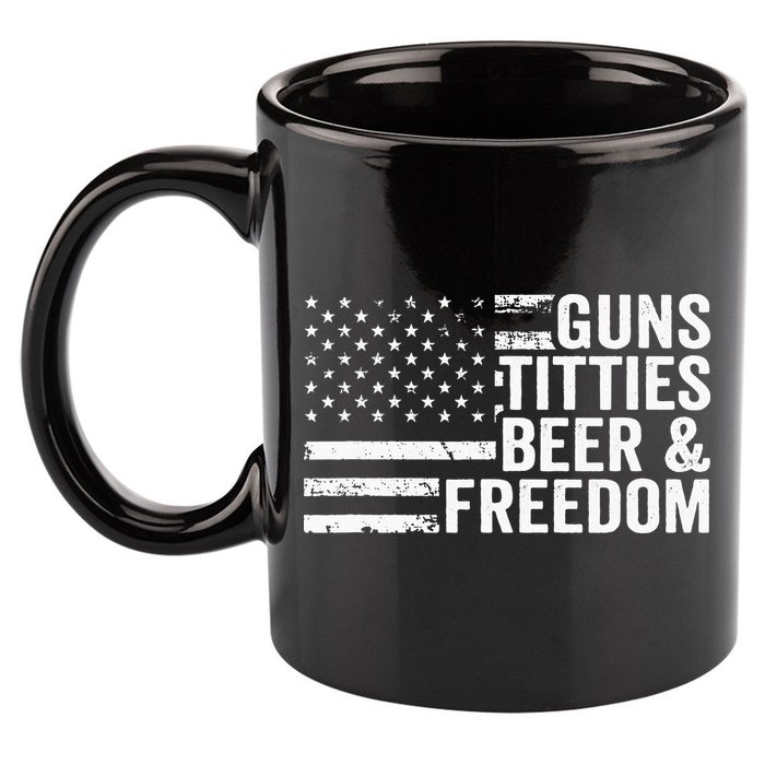 Guns Titties Beer & Freedom Funny Drinking USA Flag 11oz C Handle Ceramic Mug