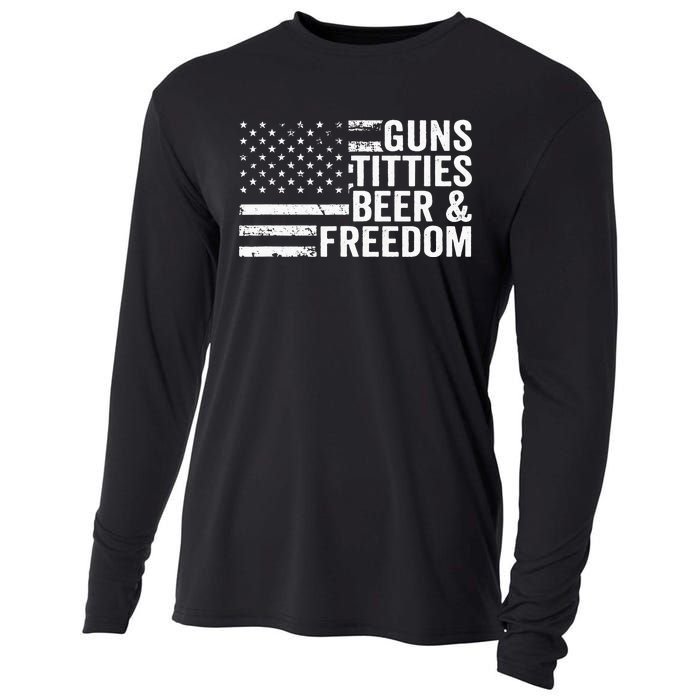 Guns Titties Beer & Freedom Funny Drinking USA Flag Cooling Performance Long Sleeve Crew