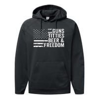 Guns Titties Beer & Freedom Funny Drinking USA Flag Performance Fleece Hoodie