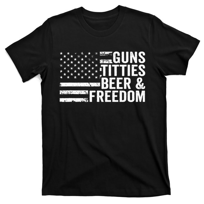 Guns Titties Beer & Freedom Funny Drinking USA Flag T-Shirt