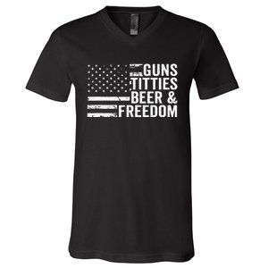 Guns Titties Beer & Freedom Funny Drinking USA Flag V-Neck T-Shirt