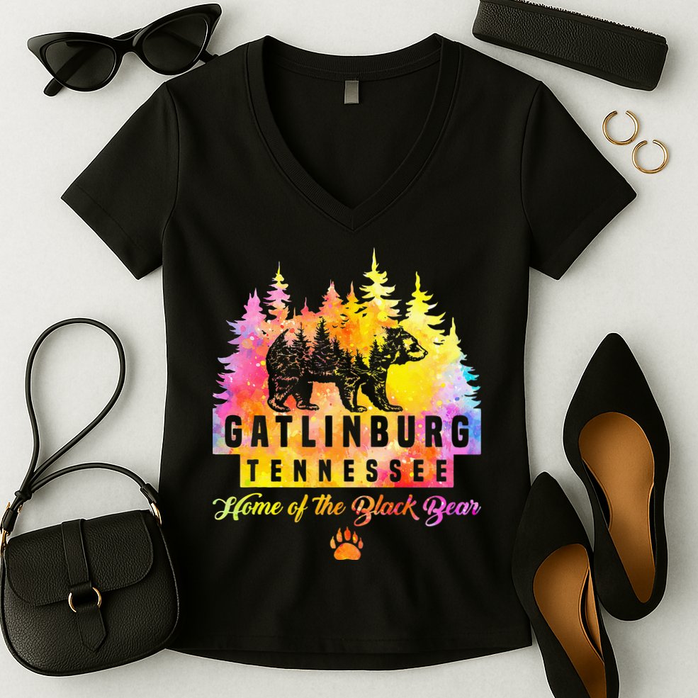 Gatlinburg Tennessee Bear Great Smoky Mountains Tie Dye Women's V-Neck T-Shirt