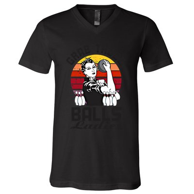 Grab Those Balls Ladies Bowling Retro Fun Bowling Cool Gift V-Neck T-Shirt