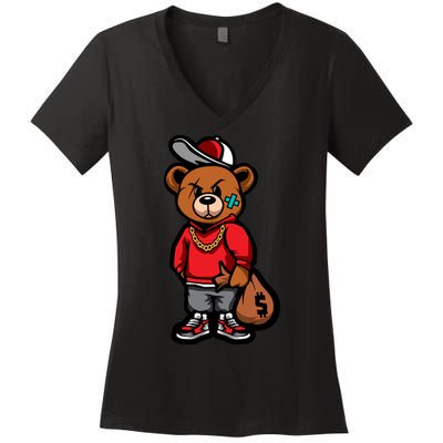 Gangster Teddy Bear Money Bags Good Chain Necklace Sneaker Women's V-Neck T-Shirt