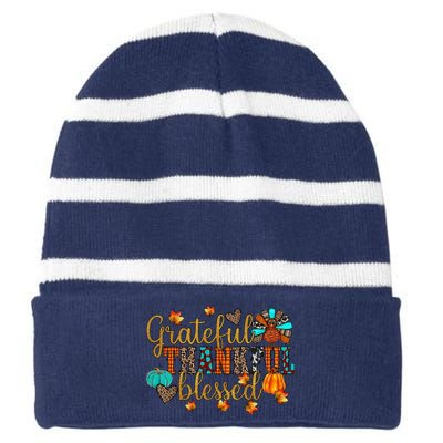 Grateful Thankful Blessed Thanksgiving Striped Beanie with Solid Band