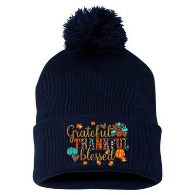 Grateful Thankful Blessed Thanksgiving Pom Pom 12in Knit Beanie