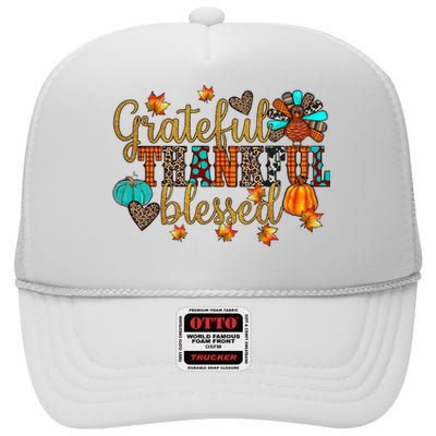 Grateful Thankful Blessed Thanksgiving High Crown Mesh Back Trucker Hat