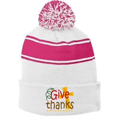 Give Thanks Cross Thanksgiving Stripe Pom Pom Beanie