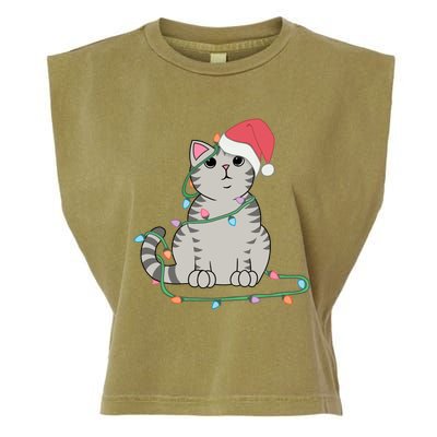 Gray Tabby Cat Christmas Lights Funny Cat Lover Xmas Hat Gift Garment-Dyed Women's Muscle Tee