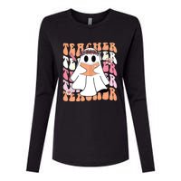 Groovy Teacher Cute Ghost Teaching Halloween Spooky Season Womens Cotton Relaxed Long Sleeve T-Shirt