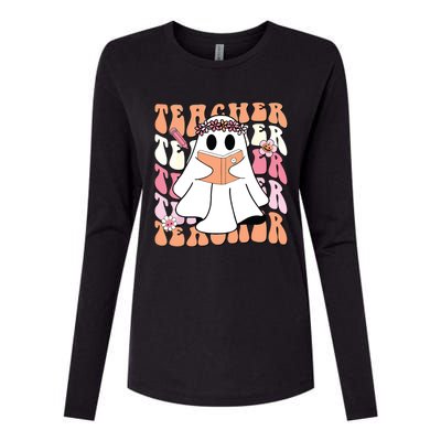 Groovy Teacher Cute Ghost Teaching Halloween Spooky Season Womens Cotton Relaxed Long Sleeve T-Shirt