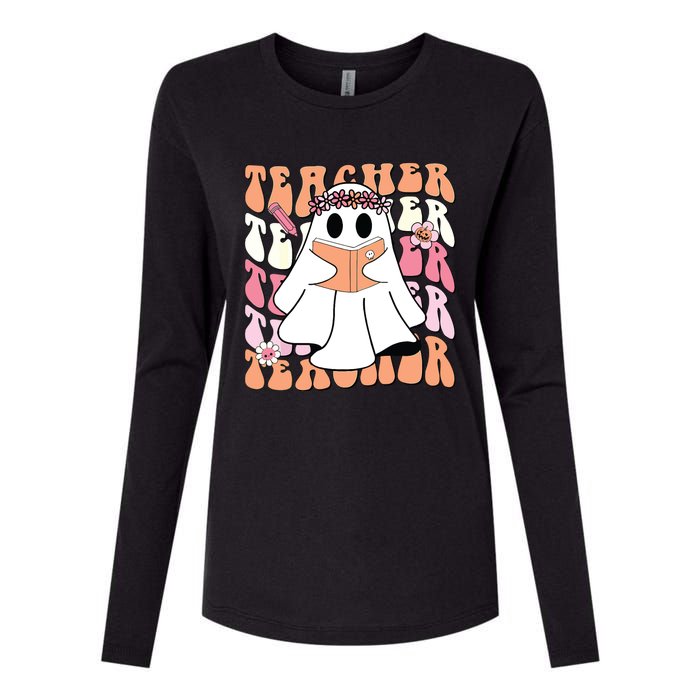 Groovy Teacher Cute Ghost Teaching Halloween Spooky Season Womens Cotton Relaxed Long Sleeve T-Shirt