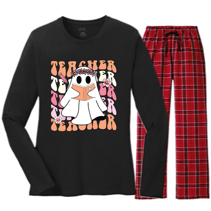 Groovy Teacher Cute Ghost Teaching Halloween Spooky Season Women's Long Sleeve Flannel Pajama Set 