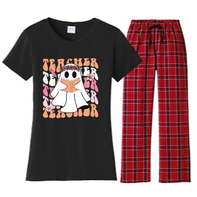 Groovy Teacher Cute Ghost Teaching Halloween Spooky Season Women's Flannel Pajama Set