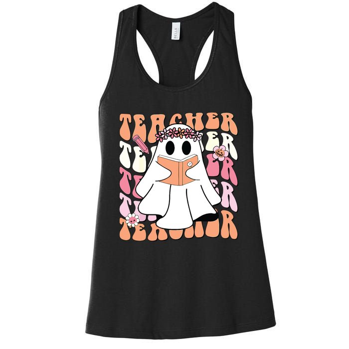 Groovy Teacher Cute Ghost Teaching Halloween Spooky Season Women's Racerback Tank