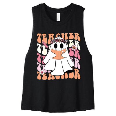 Groovy Teacher Cute Ghost Teaching Halloween Spooky Season Women's Racerback Cropped Tank