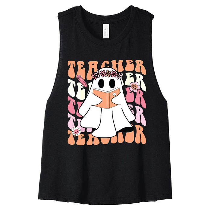 Groovy Teacher Cute Ghost Teaching Halloween Spooky Season Women's Racerback Cropped Tank