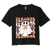 Groovy Teacher Cute Ghost Teaching Halloween Spooky Season Women's Crop Top Tee