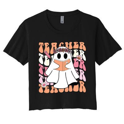 Groovy Teacher Cute Ghost Teaching Halloween Spooky Season Women's Crop Top Tee