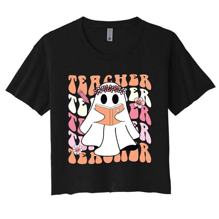 Groovy Teacher Cute Ghost Teaching Halloween Spooky Season Women's Crop Top Tee