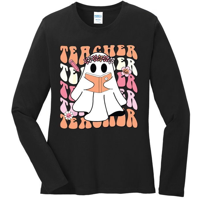 Groovy Teacher Cute Ghost Teaching Halloween Spooky Season Ladies Long Sleeve Shirt