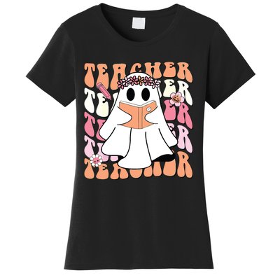 Groovy Teacher Cute Ghost Teaching Halloween Spooky Season Women's T-Shirt