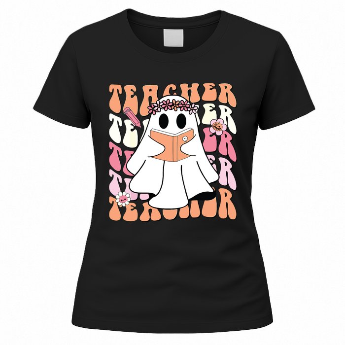 Groovy Teacher Cute Ghost Teaching Halloween Spooky Season Women's T-Shirt