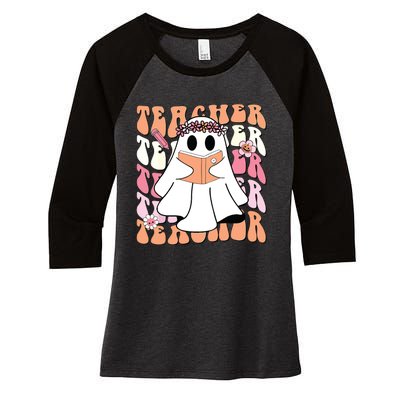 Groovy Teacher Cute Ghost Teaching Halloween Spooky Season Women's Tri-Blend 3/4-Sleeve Raglan Shirt