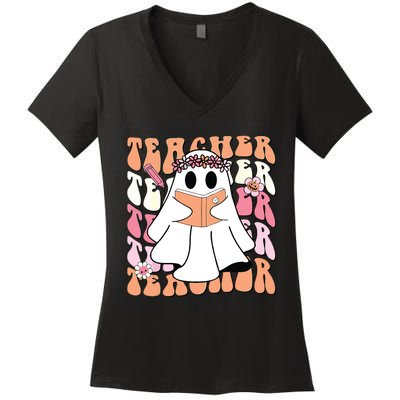 Groovy Teacher Cute Ghost Teaching Halloween Spooky Season Women's V-Neck T-Shirt