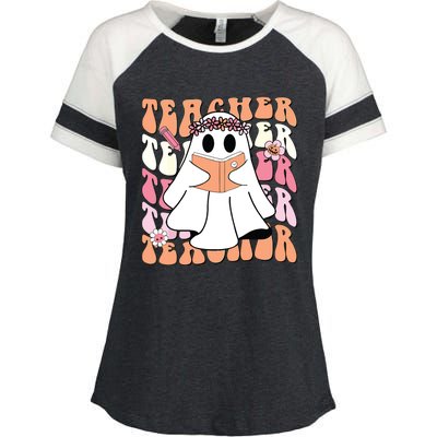 Groovy Teacher Cute Ghost Teaching Halloween Spooky Season Enza Ladies Jersey Colorblock Tee