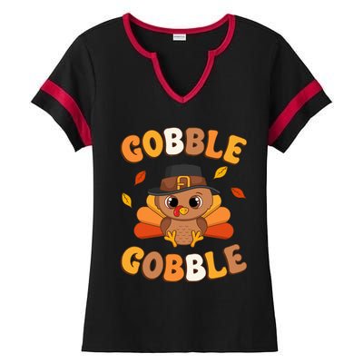 Gobble Turkey Day Happy Thanksgiving Ladies Halftime Notch Neck Tee