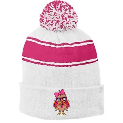 Gobble Turkey Day Happy Thanksgiving Girl Stripe Pom Pom Beanie