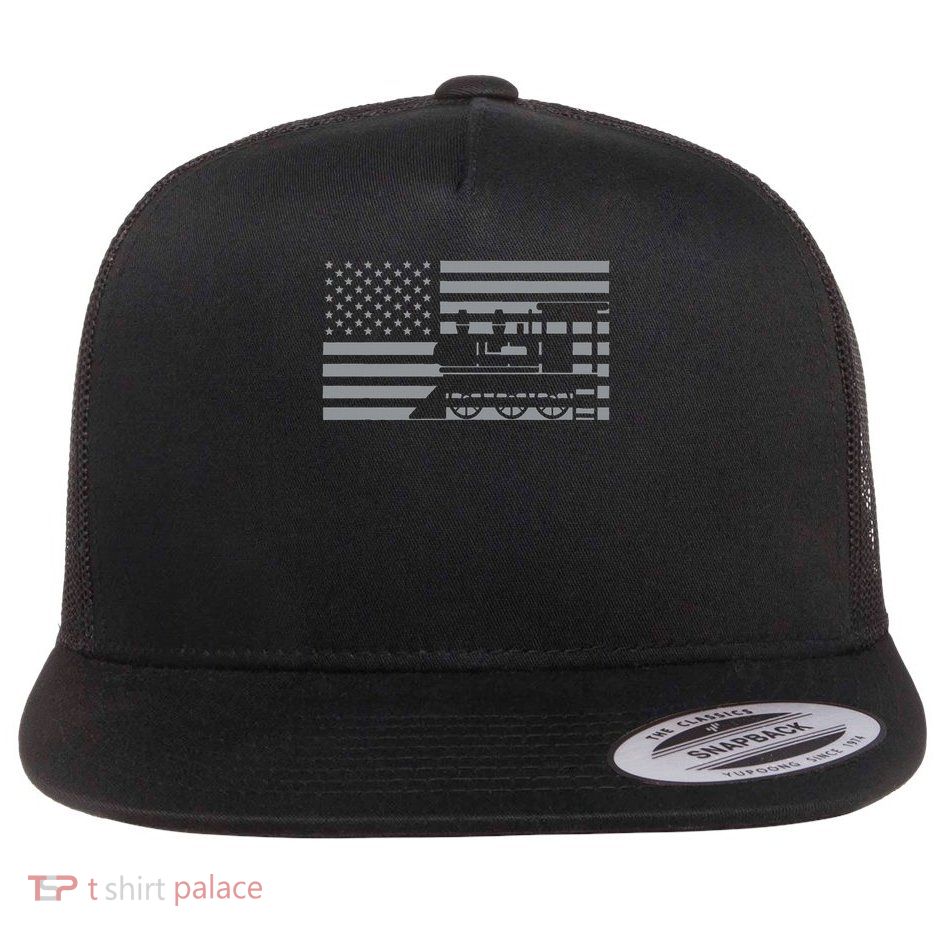 Great Train Design Steam Locomotive With Usa Flag Flat Bill Trucker Hat