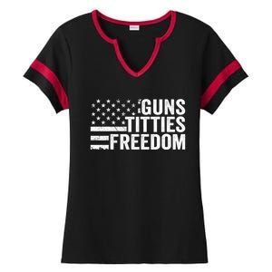 Guns Titties & Freedom Mens Funny Drinking Usa Flag Pullover Hoodie Ladies Halftime Notch Neck Tee