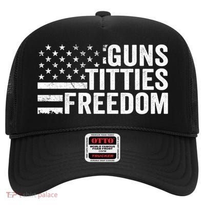 Guns Titties & Freedom Mens Funny Drinking Usa Flag Pullover Hoodie High Crown Mesh Back Trucker Hat