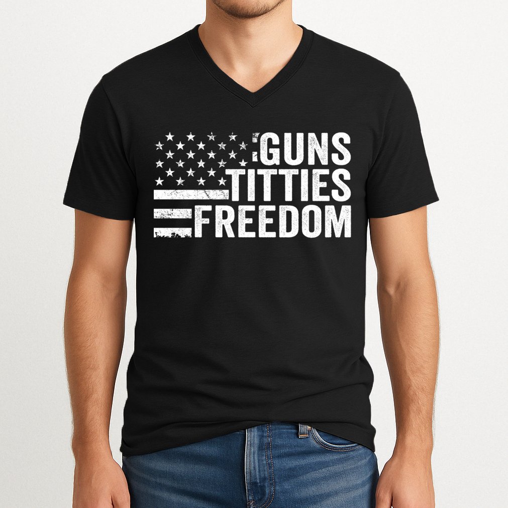 Guns Titties & Freedom Mens Funny Drinking Usa Flag Pullover Hoodie V-Neck T-Shirt