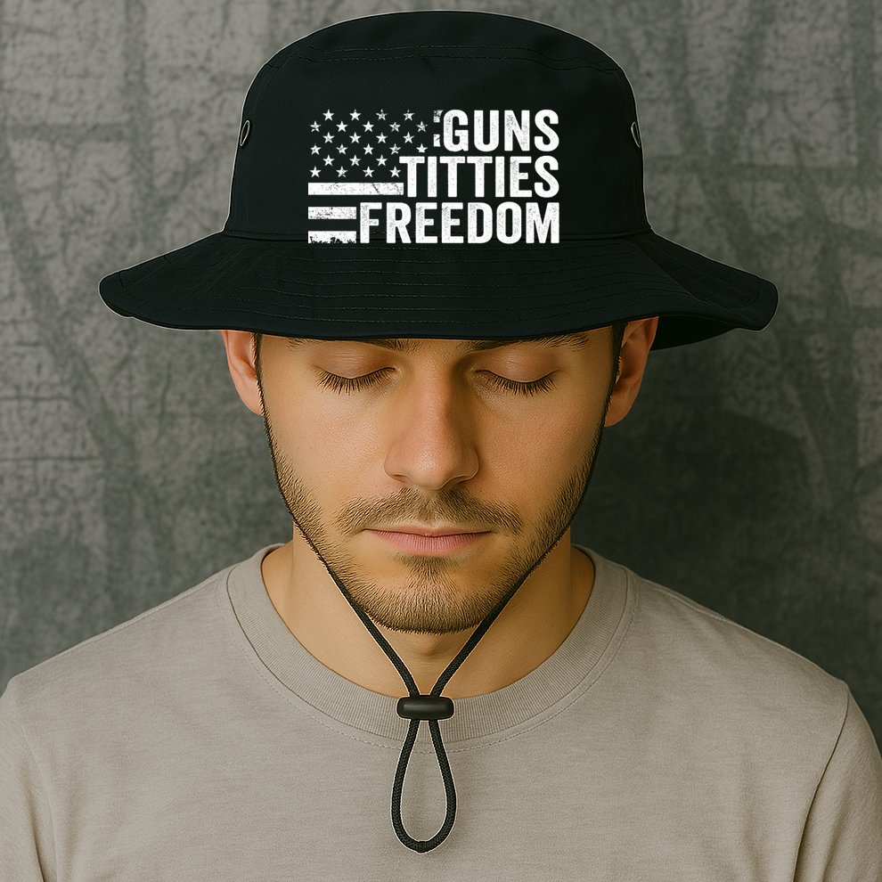 Guns Titties & Freedom Mens Funny Drinking Usa Flag Pullover Hoodie Bucket Hat