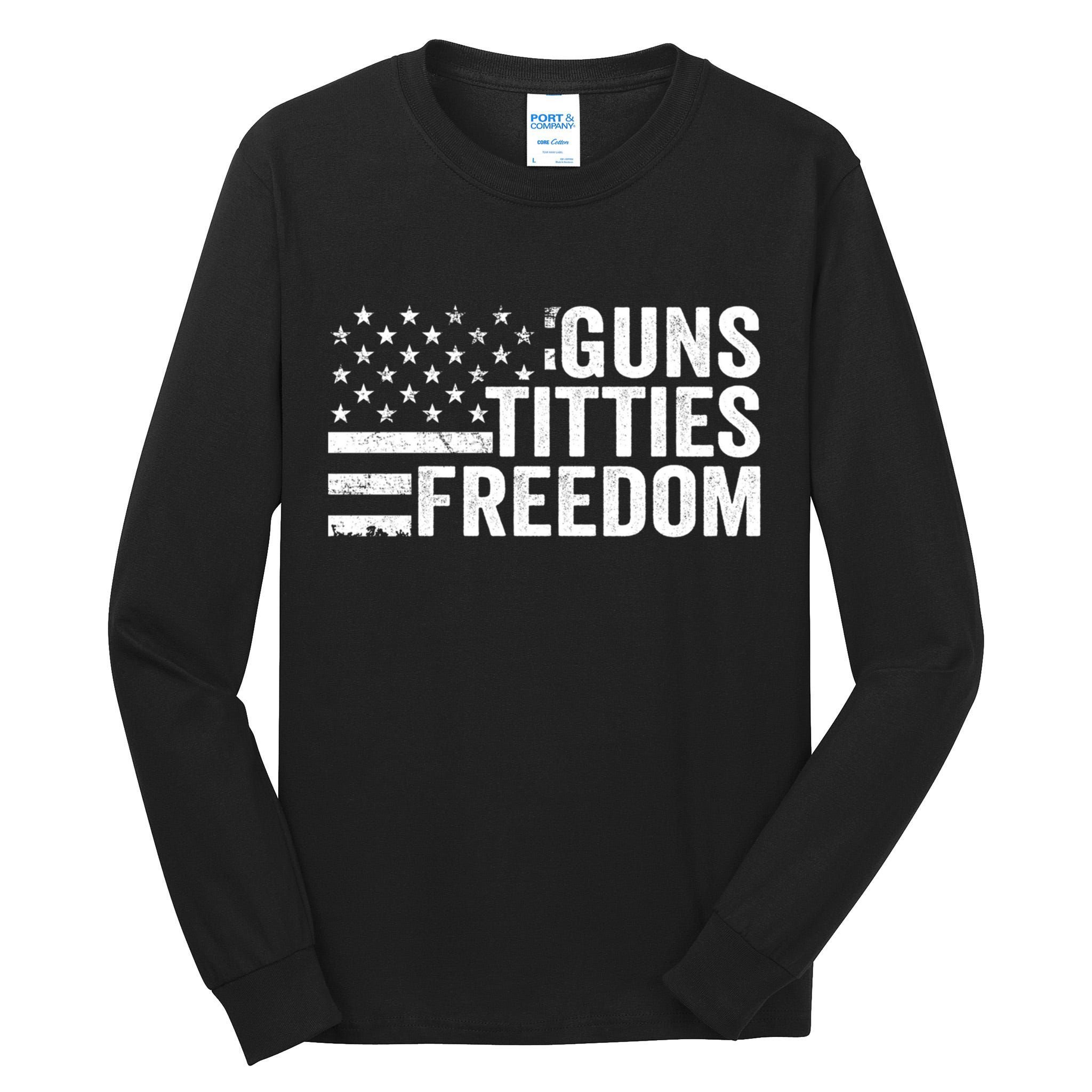 Guns Titties & Freedom Mens Funny Drinking Usa Flag Pullover Hoodie Tall Long Sleeve T-Shirt